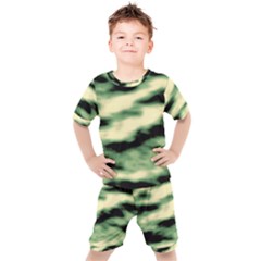 Green  Waves Abstract Series No14 Kids  Tee And Shorts Set by DimitriosArt