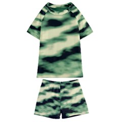 Green  Waves Abstract Series No14 Kids  Swim Tee And Shorts Set by DimitriosArt