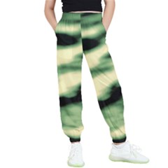 Green  Waves Abstract Series No14 Kids  Elastic Waist Pants by DimitriosArt