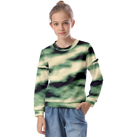 Green  Waves Abstract Series No14 Kids  Long Sleeve Tee With Frill  by DimitriosArt