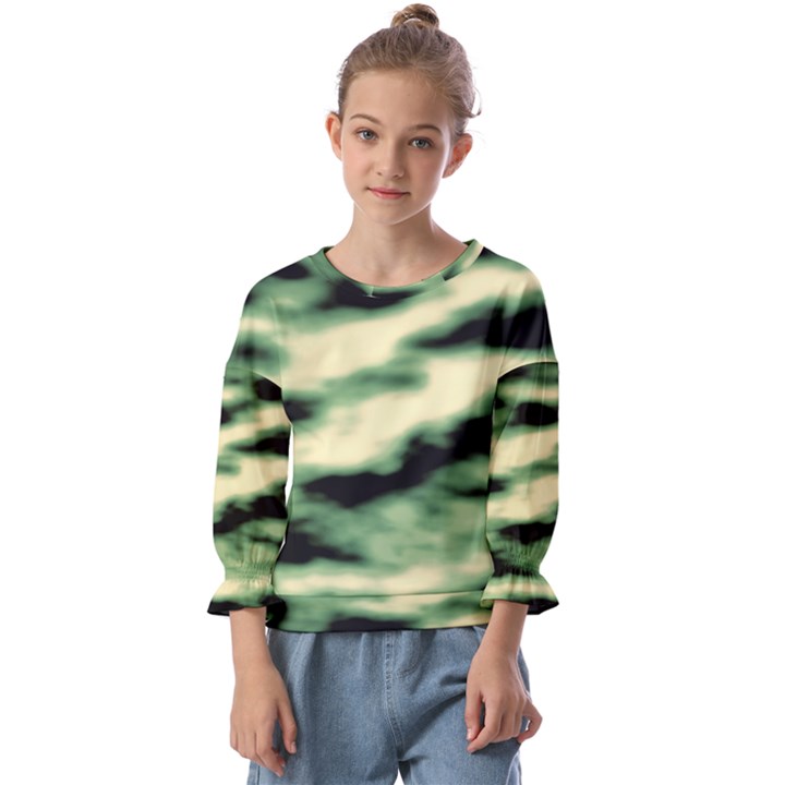 Green  Waves Abstract Series No14 Kids  Cuff Sleeve Top