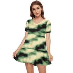 Green  Waves Abstract Series No14 Tiered Short Sleeve Mini Dress by DimitriosArt