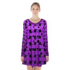 Weaved Bubbles At Strings, Purple, Violet Color Long Sleeve Velvet V-neck Dress