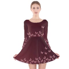 Red Gradient Butterflies Pattern, Nature Theme Long Sleeve Velvet Skater Dress