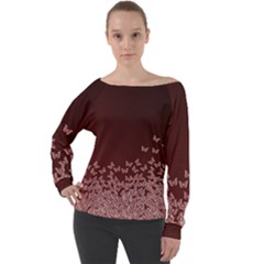 Red Gradient Butterflies Pattern, Nature Theme Off Shoulder Long Sleeve Velour Top by Casemiro