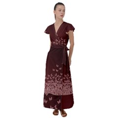 Red Gradient Butterflies Pattern, Nature Theme Flutter Sleeve Maxi Dress by Casemiro