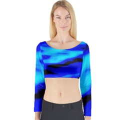 Blue Waves Abstract Series No13 Long Sleeve Crop Top by DimitriosArt