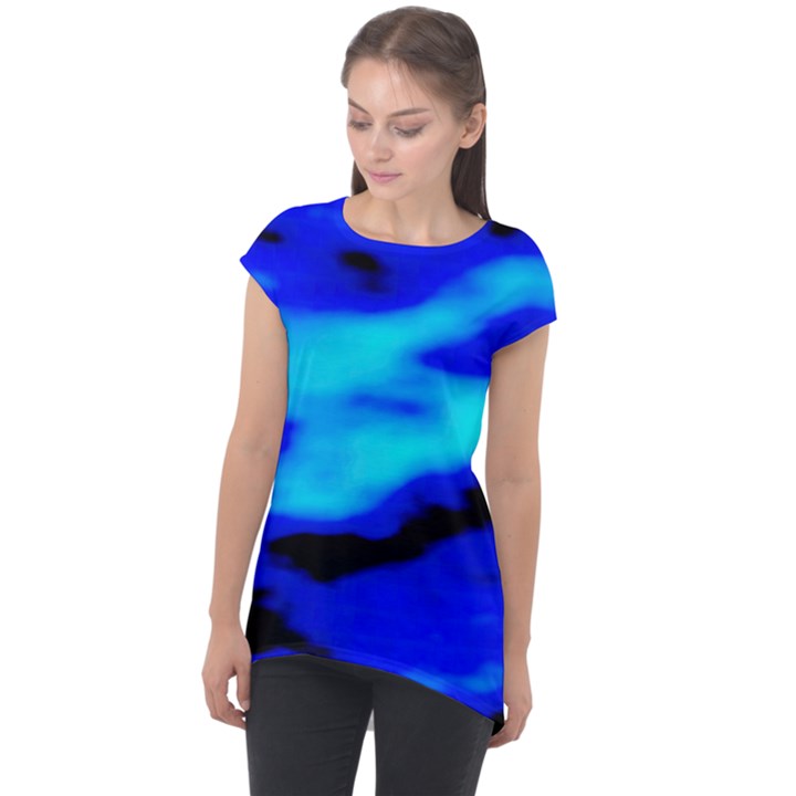 Blue Waves Abstract Series No13 Cap Sleeve High Low Top