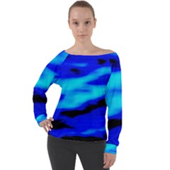 Blue Waves Abstract Series No13 Off Shoulder Long Sleeve Velour Top by DimitriosArt