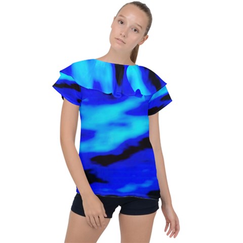 Blue Waves Abstract Series No13 Ruffle Collar Chiffon Blouse by DimitriosArt