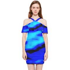 Blue Waves Abstract Series No13 Shoulder Frill Bodycon Summer Dress by DimitriosArt