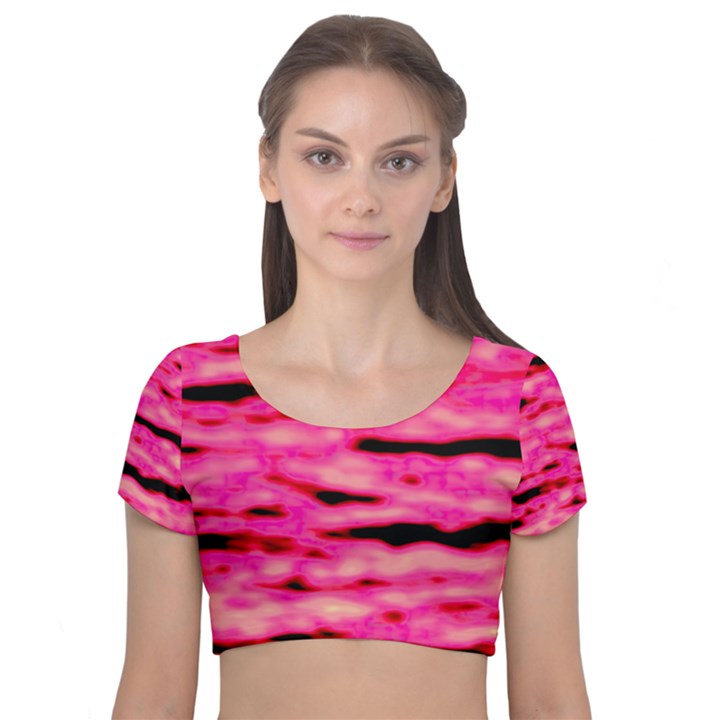 Rose  Waves Abstract Series No1 Velvet Short Sleeve Crop Top 