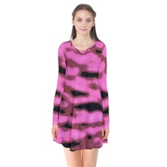 Pink  Waves Abstract Series No1 Long Sleeve V-neck Flare Dress by DimitriosArt