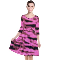 Pink  Waves Abstract Series No1 Quarter Sleeve Waist Band Dress by DimitriosArt