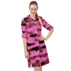 Pink  Waves Abstract Series No1 Long Sleeve Mini Shirt Dress by DimitriosArt