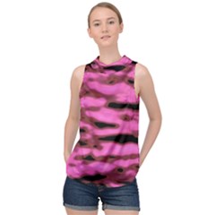 Pink  Waves Abstract Series No1 High Neck Satin Top by DimitriosArt