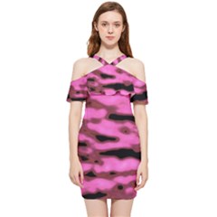 Pink  Waves Abstract Series No1 Shoulder Frill Bodycon Summer Dress