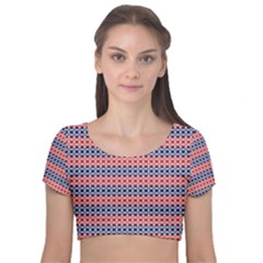 Red Blue White Troll Knots Pattern Velvet Short Sleeve Crop Top 