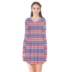 Red Blue White Troll Knots Pattern Long Sleeve V-neck Flare Dress