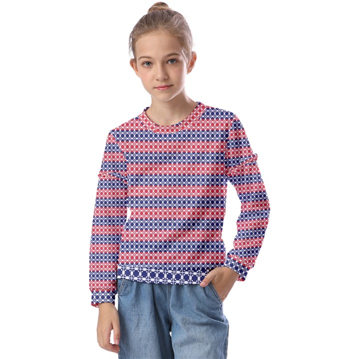 Red Blue White Troll Knots Pattern Kids  Long Sleeve Tee with Frill 