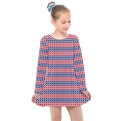 Red Blue White Troll Knots Pattern Kids  Long Sleeve Dress by CVFabricShop