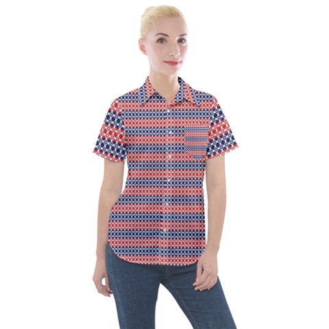 Red Blue White Troll Knots Pattern Women s Short Sleeve Pocket Shirt by CVFabricShop