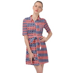 Red Blue White Troll Knots Pattern Belted Shirt Dress