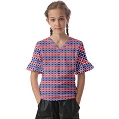 Red Blue White Troll Knots Pattern Kids  V-neck Horn Sleeve Blouse