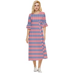 Red Blue White Troll Knots Pattern Double Cuff Midi Dress