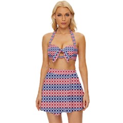 Red Blue White Troll Knots Pattern Vintage Style Bikini Top And Skirt Set 