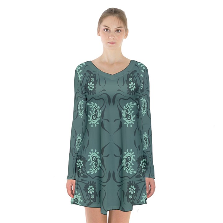 Floral pattern paisley style Paisley print.  Long Sleeve Velvet V-neck Dress