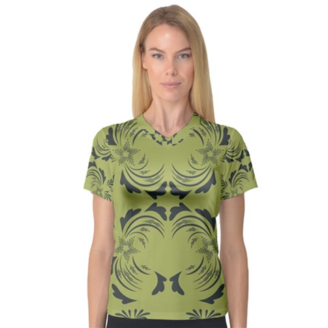 Floral Folk Damask Pattern Fantasy Flowers  V-neck Sport Mesh Tee by Eskimos