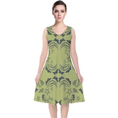 Floral Folk Damask Pattern Fantasy Flowers  V-neck Midi Sleeveless Dress  by Eskimos