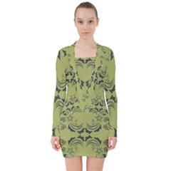 Floral Folk Damask Pattern Fantasy Flowers  V-neck Bodycon Long Sleeve Dress by Eskimos