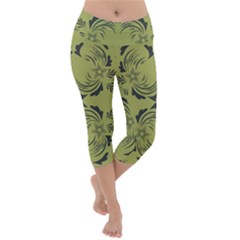 Floral Folk Damask Pattern Fantasy Flowers  Lightweight Velour Capri Yoga Leggings by Eskimos