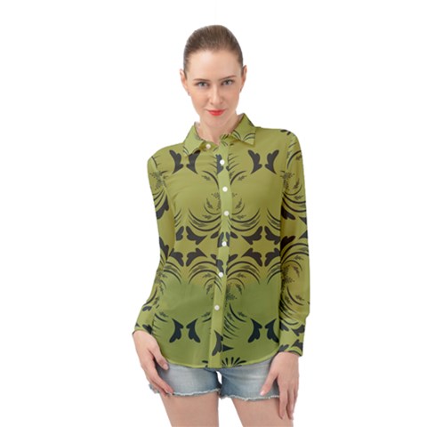 Floral Folk Damask Pattern Fantasy Flowers  Long Sleeve Chiffon Shirt by Eskimos