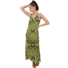 Floral Folk Damask Pattern Fantasy Flowers  V-neck Chiffon Maxi Dress by Eskimos