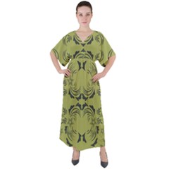 Floral Folk Damask Pattern Fantasy Flowers  V-neck Boho Style Maxi Dress by Eskimos