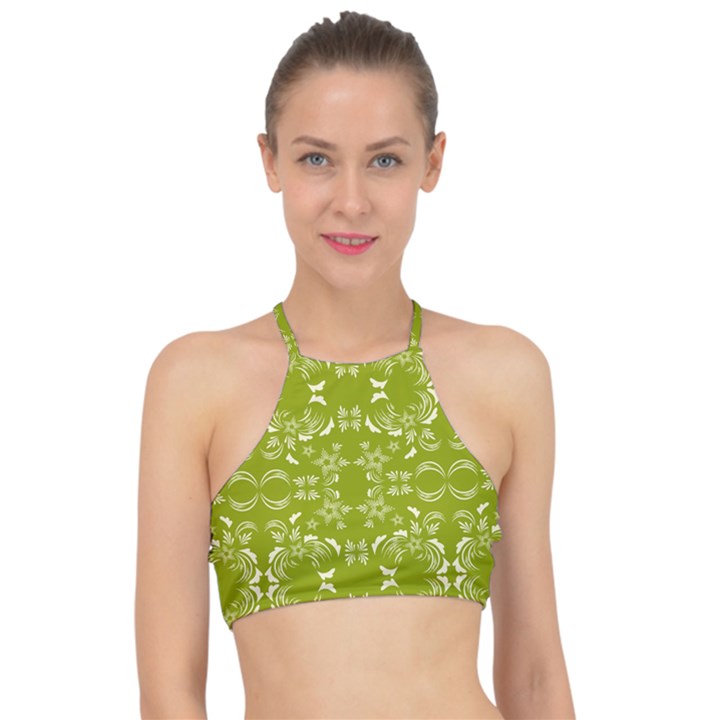 Floral folk damask pattern  Racer Front Bikini Top