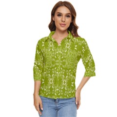 Floral Folk Damask Pattern  Women s Quarter Sleeve Pocket Shirt