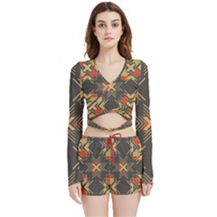 Abstract Geometric Design    Velvet Wrap Crop Top And Shorts Set