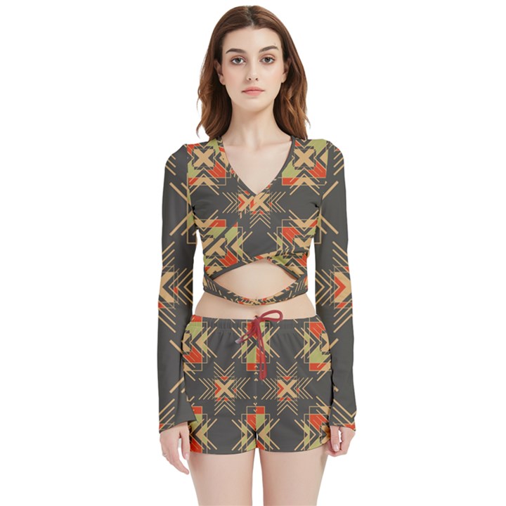 Abstract geometric design    Velvet Wrap Crop Top and Shorts Set