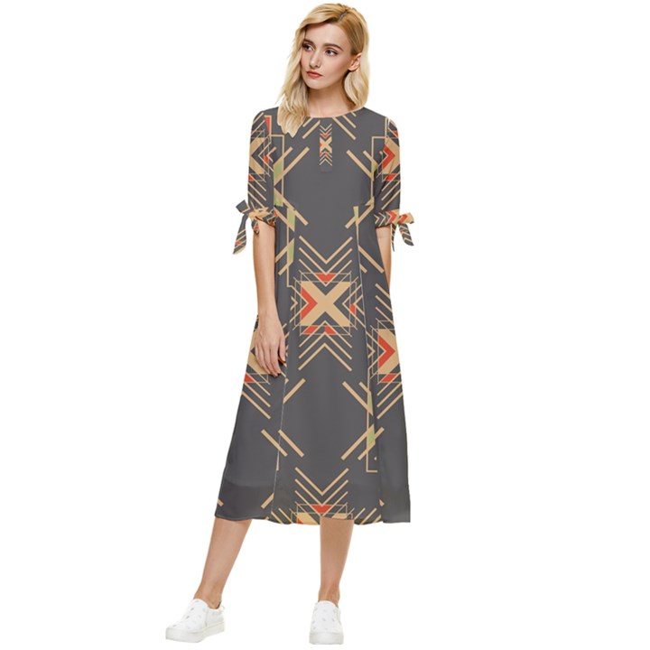 Abstract geometric design    Bow Sleeve Chiffon Midi Dress