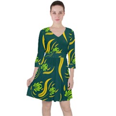 Folk Flowers Print Floral Pattern Ethnic Art Quarter Sleeve Ruffle Waist Dress by Eskimos