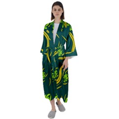 Folk Flowers Print Floral Pattern Ethnic Art Maxi Satin Kimono by Eskimos