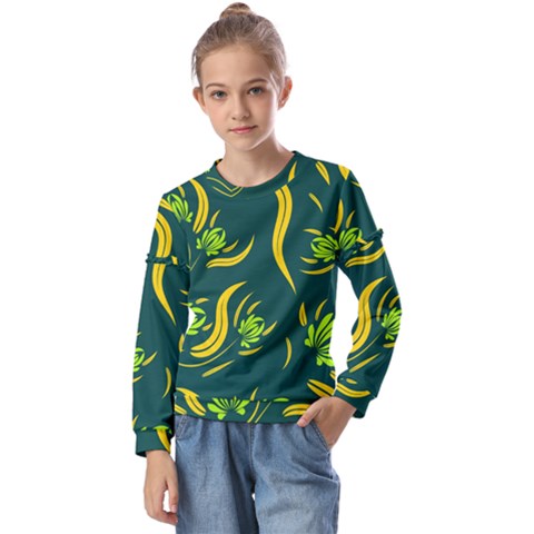 Folk Flowers Print Floral Pattern Ethnic Art Kids  Long Sleeve Tee With Frill  by Eskimos