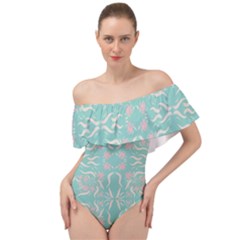 Floral Folk Damask Pattern  Off Shoulder Velour Bodysuit  by Eskimos