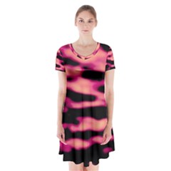 Pink  Waves Abstract Series No2 Short Sleeve V-neck Flare Dress by DimitriosArt