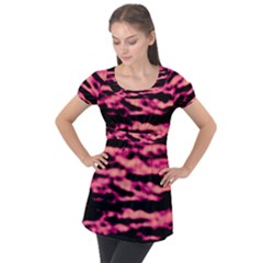 Pink  Waves Abstract Series No2 Puff Sleeve Tunic Top by DimitriosArt