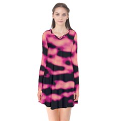 Pink  Waves Abstract Series No2 Long Sleeve V-neck Flare Dress by DimitriosArt